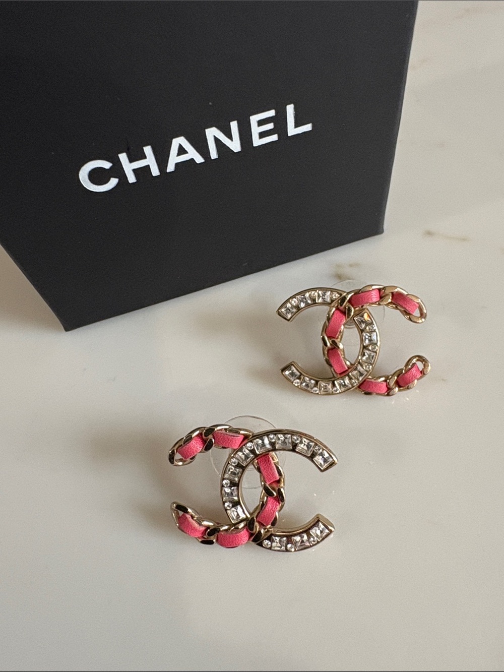 CHANEL Pink and Gold Crystal Interlocking CC Pierced Earrings